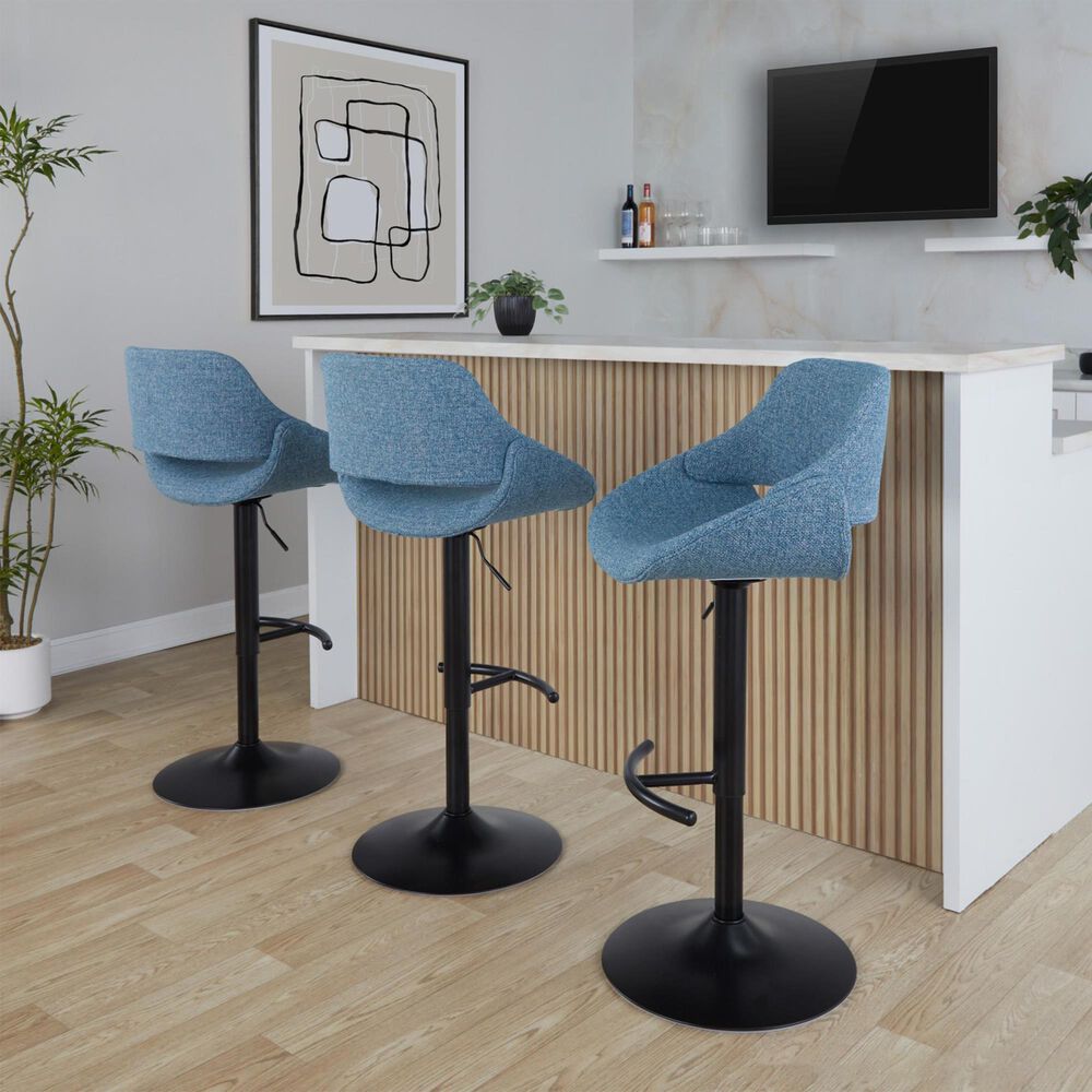 LumiSource Fabrico Swivel Adjustable Bar Stool with Blue Noise Fabric Upholstery and Rounded T Footrest in Black (Set of 2), , large