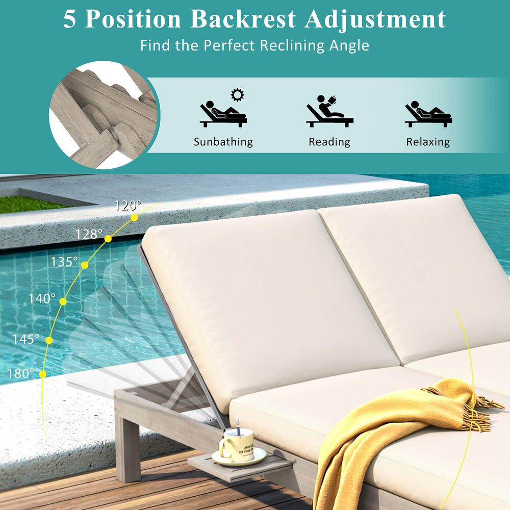 HOMLUX Patio 2-Person Chaise Lounge with Folding Side Tables and Gray Frame in Beige, , large