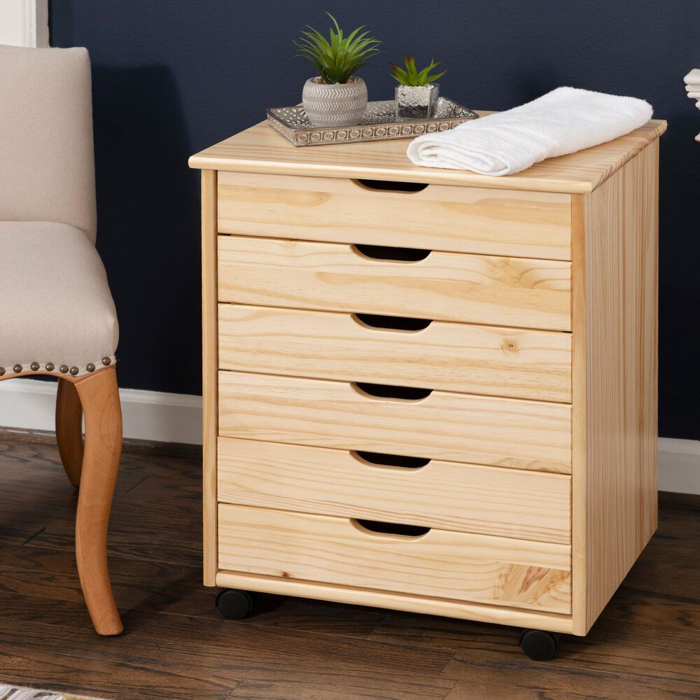 Linon Home Decor Cary 6-Drawer Wide Rolling Cart in Natural, , large