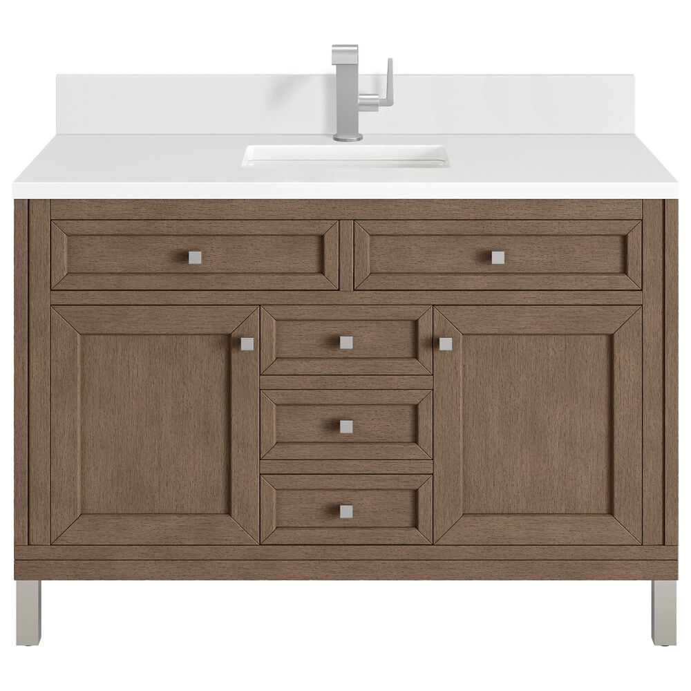 James Martin Vanities Chicago 48" Single Bathroom Vanity in Whitewashed Walnut with Single Hole 3 cm White Zeus Quartz Top and Rectangular Sink, , large