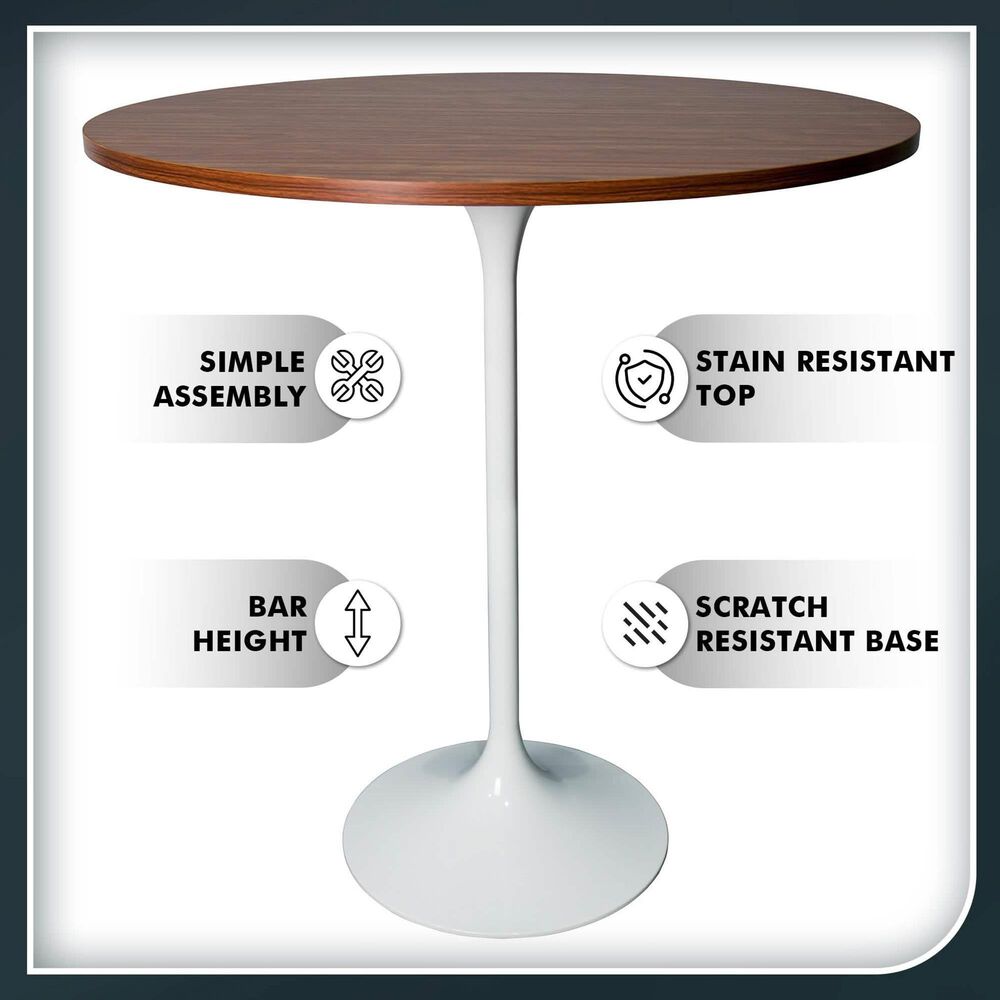 Leisuremod LeisureMod Verve Collection Modern Bar Height Table White Base with 36 Round Cognac Brown MDF Top, , large