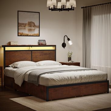 HOMLUX 4-Drawer Queen Storage Bed with LED Headboard and Charging Station in Rustic Brown, , large