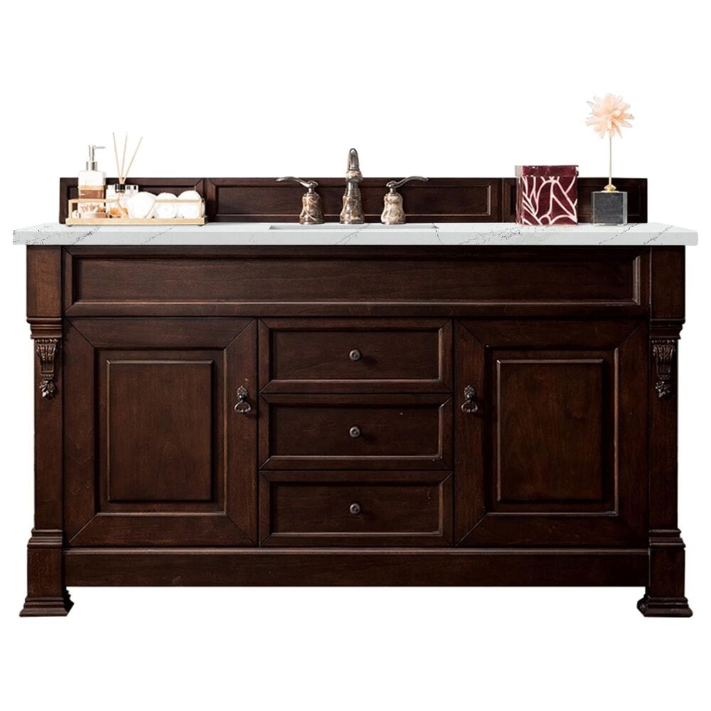 James Martin Vanities Brookfield 60" Single Bathroom Vanity in Burnished Mahogany with 3 cm Ethereal Noctis Quartz Top and Rectangle Sink, , large