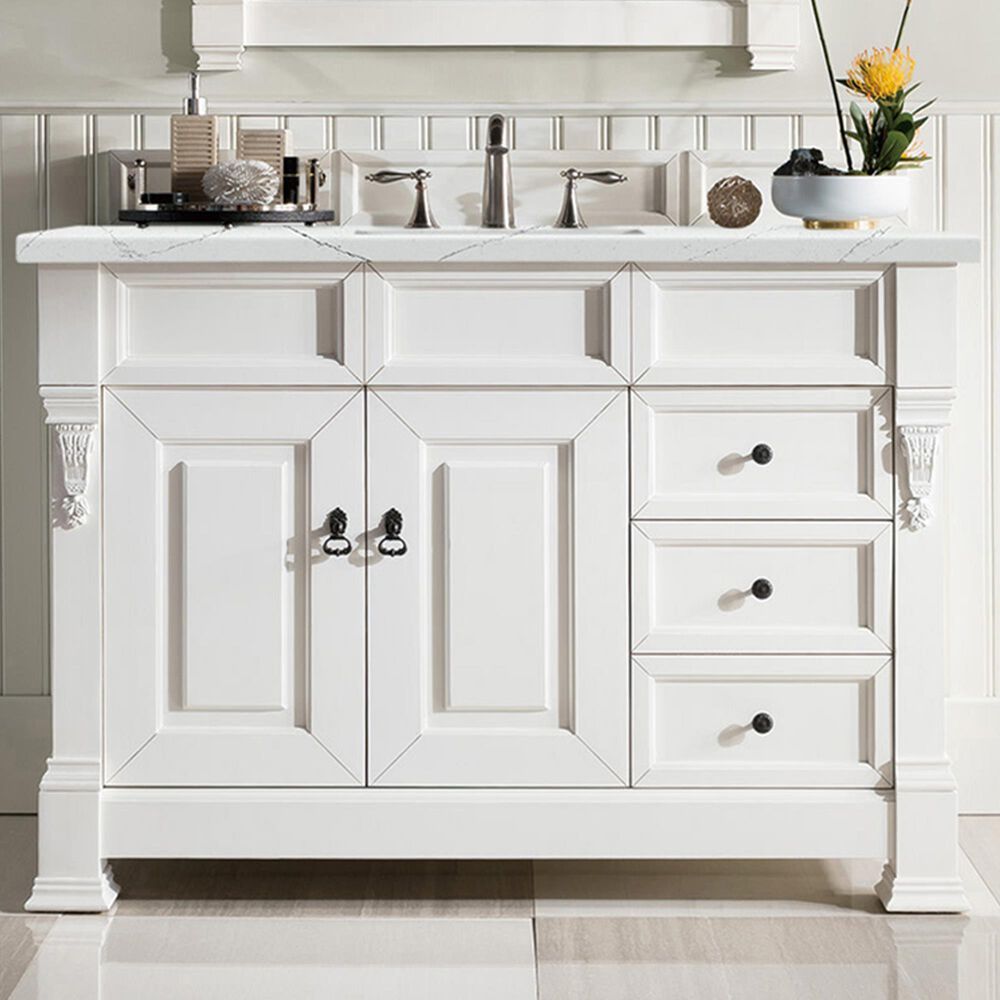 James Martin Vanities Brookfield 48&quot; Single Bathroom Vanity in Bright White with 3 cm Ethereal Noctis Quartz Top and Rectangle Sink, , large
