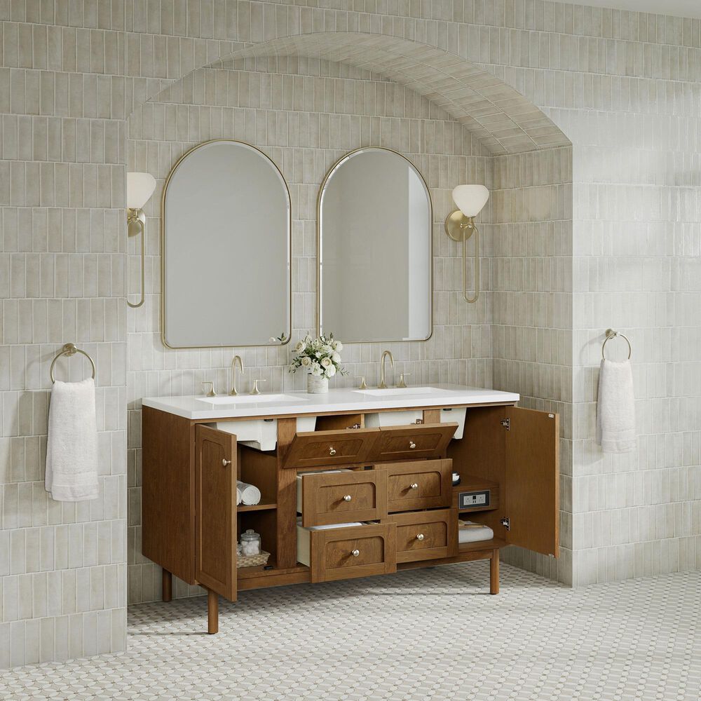James Martin Laurent 60" Double Bathroom Vanity in Honey Oak with 3 cm White Zeus Silestone Top and Rectangular Sinks, , large