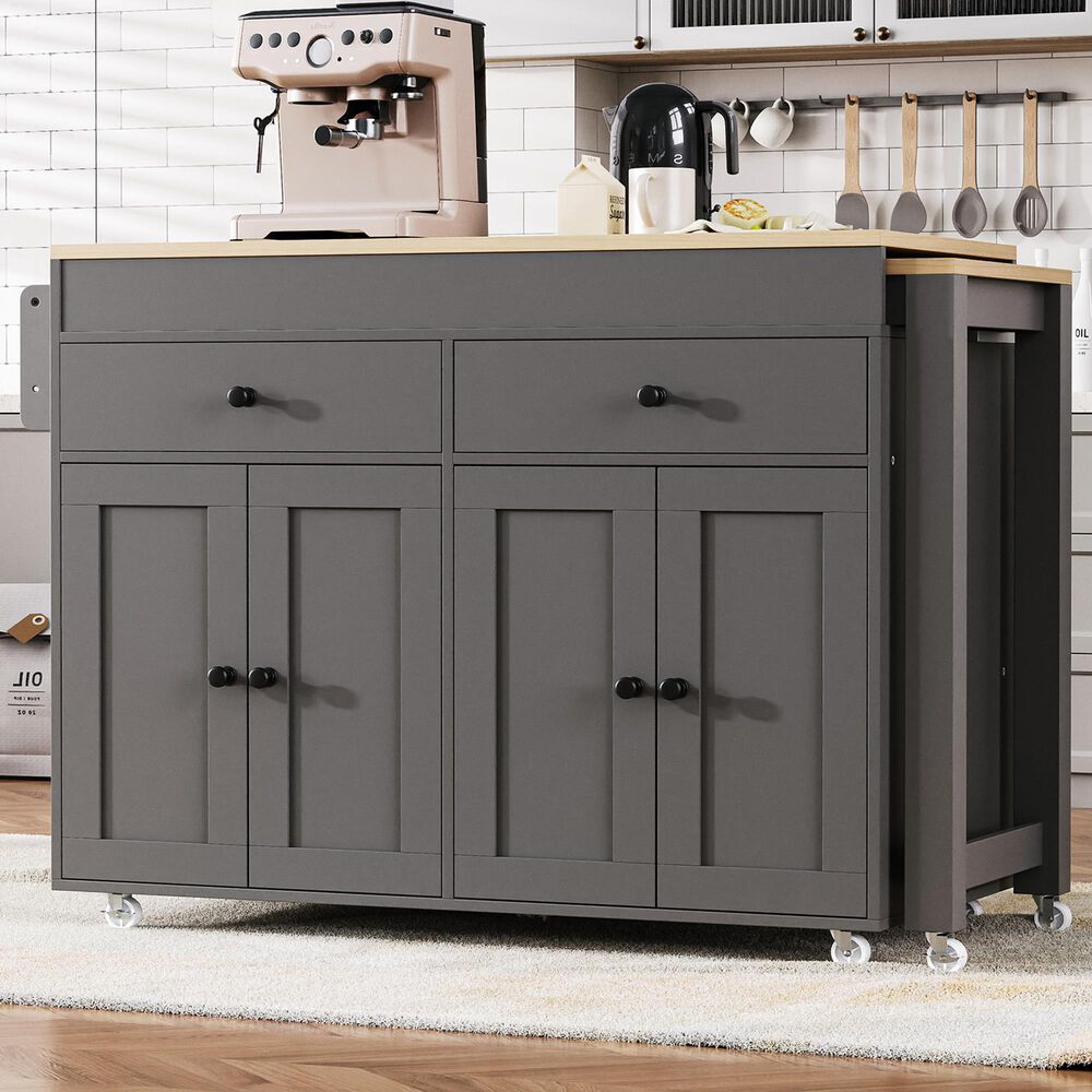 HOMLUX 75" Kitchen Island with Extendable Dining Table in Grey, , large