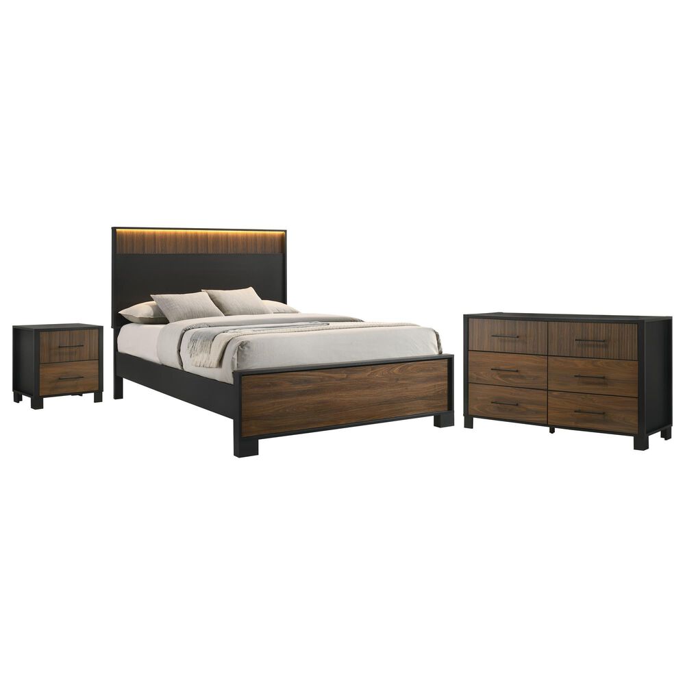 Crown Mark Nemy 3 Piece Queen LED Panel Bedroom Set in Brown, , large