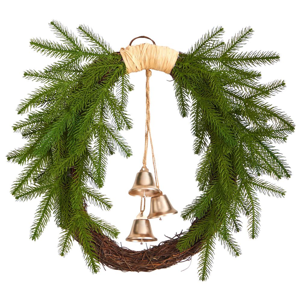 Nearly Natural Inc 24in. Holiday Christmas Pine and Hanging Bells Wreath, , large