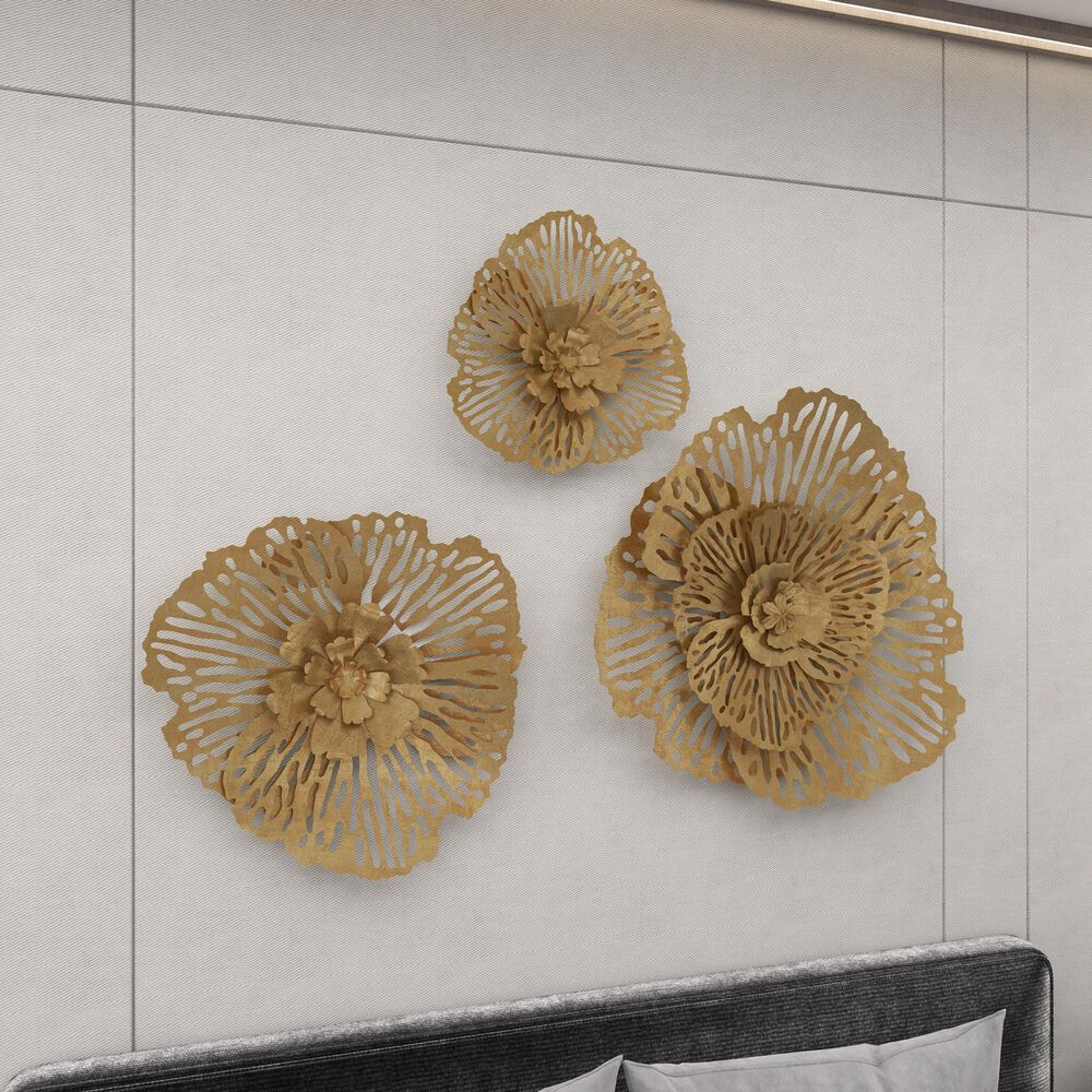 Maple and Jade 28.5&quot; x 28&quot; Glam Flowers Wall Decor in Gold &#40;Set of 3&#41;, , large