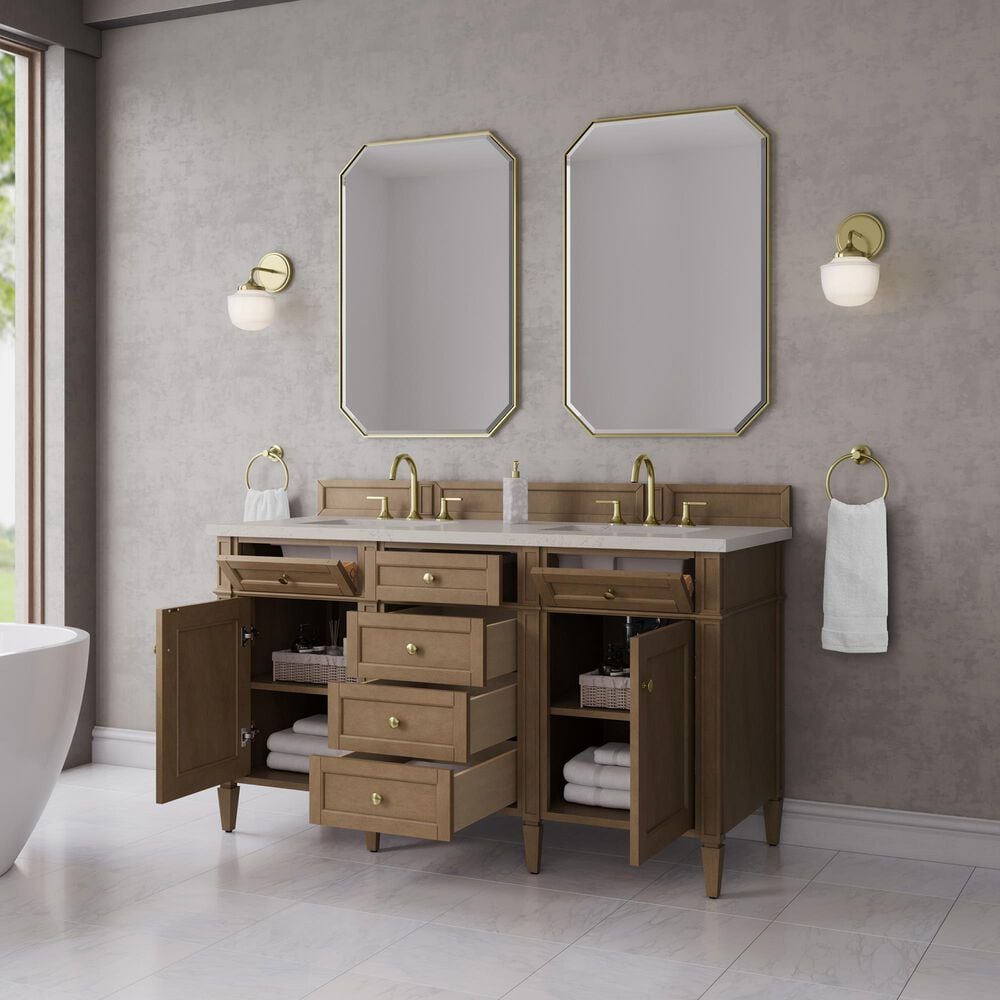 James Martin Brittany 60" Double Bathroom Vanity in Pecan with 3 cm Siberian Silestone Top, Rectangular Sinks and FreePower Wireless Charger, , large