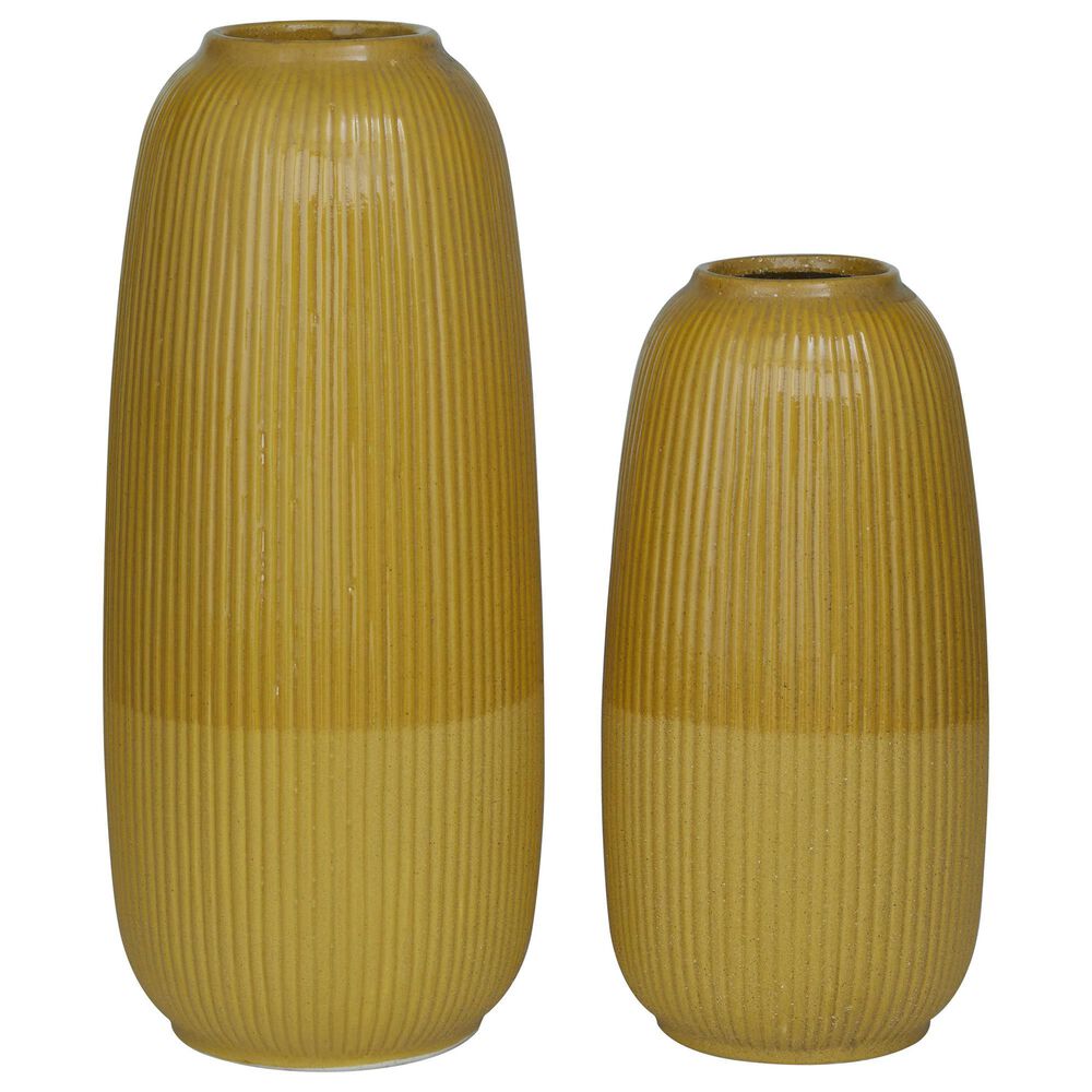 Maple and Jade 2-Piece Decorative Vase Set with Vertical Line Pattern in Polished Yellow, , large