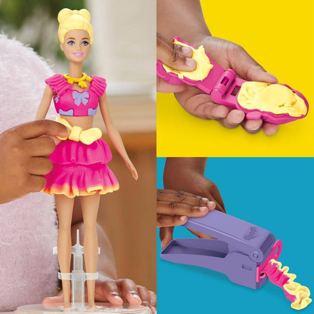 PlayDoh Barbie Ruffles and Bows Doll Set with Three Modeling Doughs in Yellow and Pink, , large