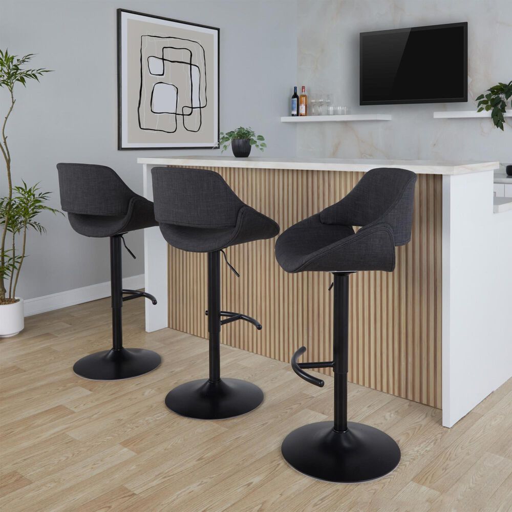 LumiSource Fabrico Swivel Adjustable Bar Stool with Charcoal Fabric Upholstery and Rounded T Footrest in Black (Set of 2), , large