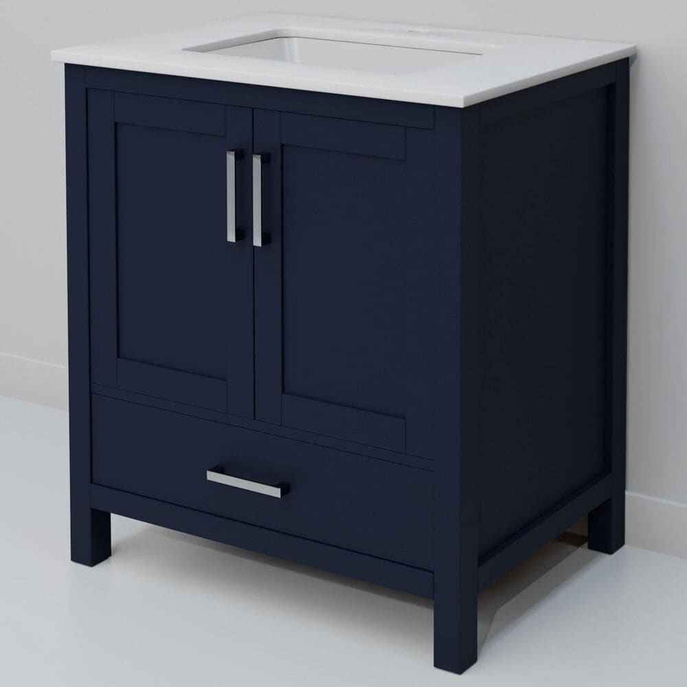 Lexora Home Jacques 30" Single Bathroom Vanity in Navy Blue with 2 cm White Quartz Top and Rectangular Sink, , large