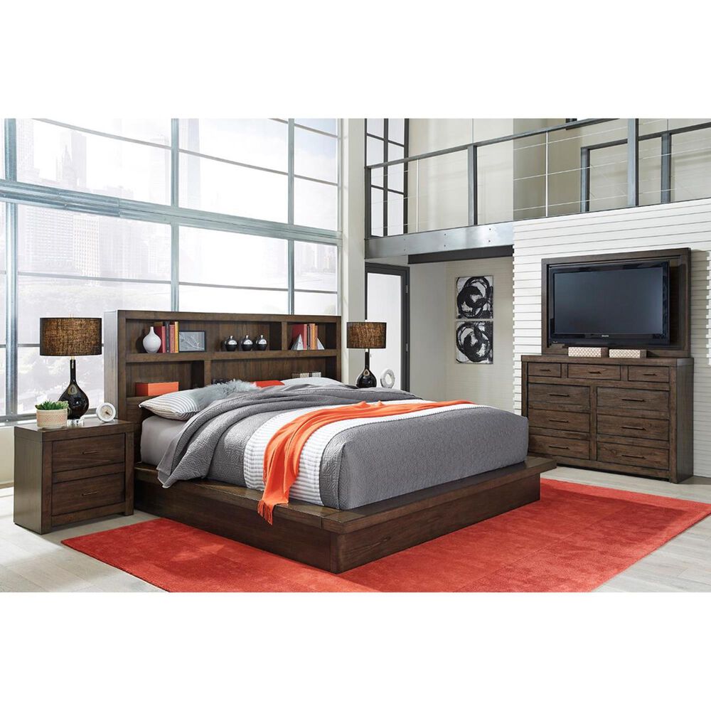 Riva Ridge Modern Loft Queen Bookcase Platform Bed in Brownstone Shop NFM