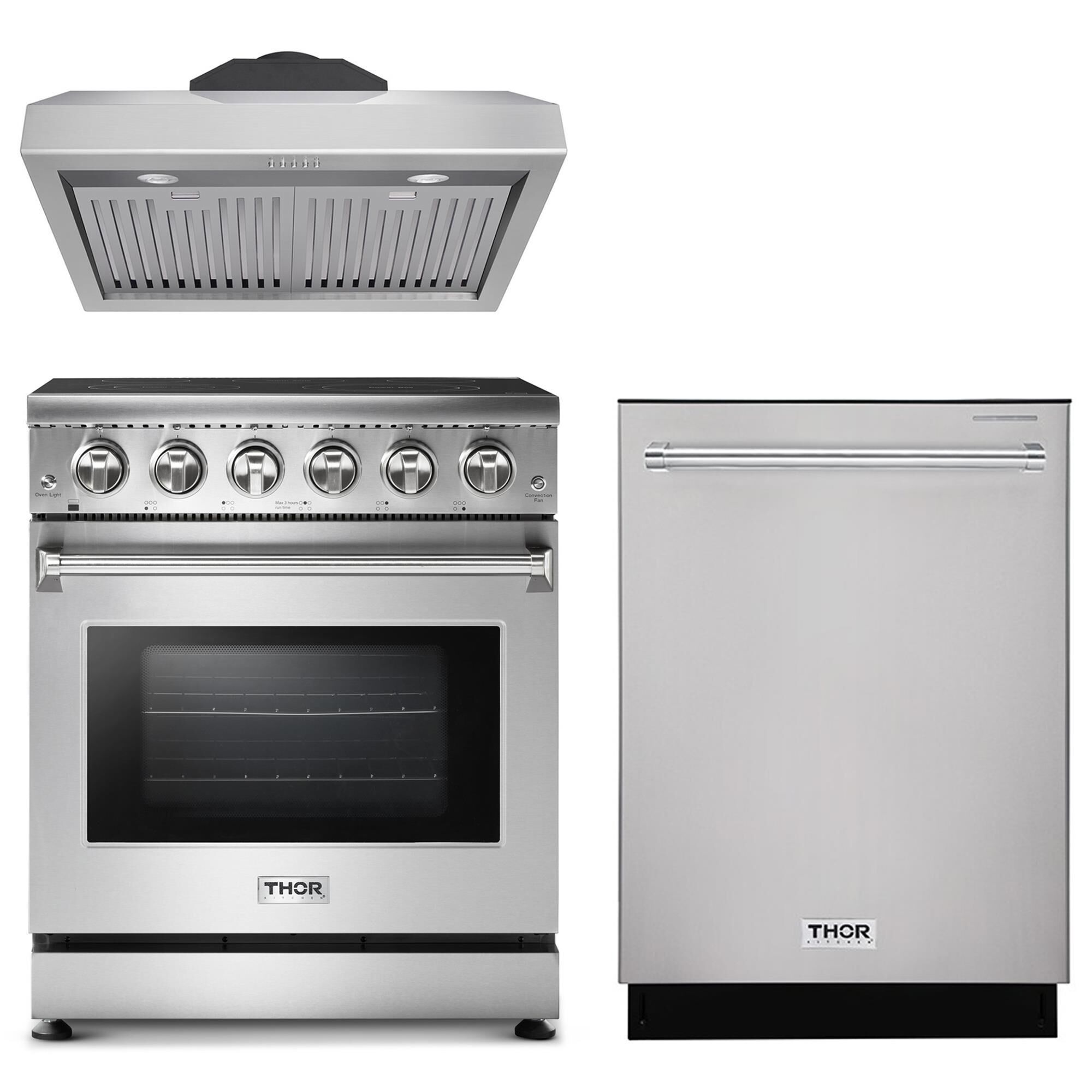 Thor Kitchen 3 Piece Kitchen Package with 30 Professional Electric Range Under Cabinet Range Hood and Dishwasher in Stainless Steel NFM