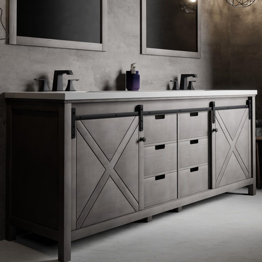 Lexora Home Marsyas 84" Double Bathroom Vanity in Ash Grey with 2 cm White Cultured Marble Top and Rectangular Sinks, , large
