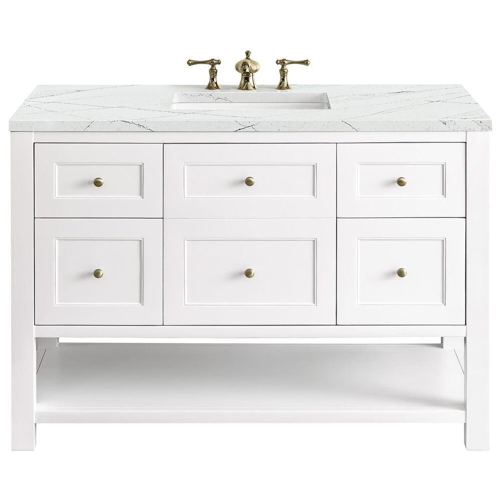 James Martin Breckenridge 48" Single Bathroom Vanity in Bright White with 3 cm Carrara White Marble Top and Rectangular Sink, , large