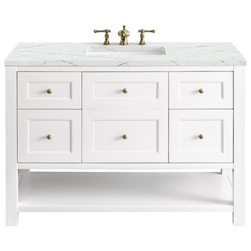 James Martin Breckenridge 48" Single Bathroom Vanity in Bright White with 3 cm Carrara White Marble Top and Rectangular Sink, , large
