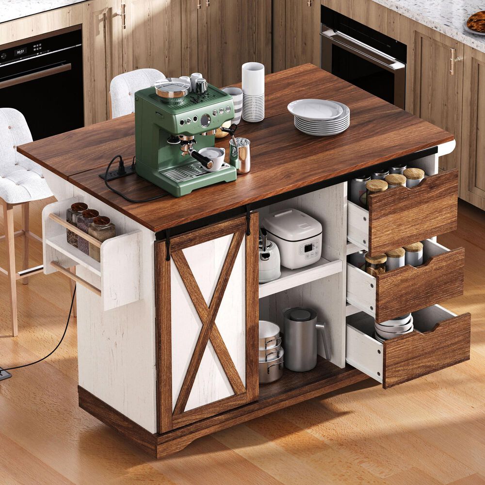 HOMLUX 56" Kitchen Island with Drop Leaf in White, , large