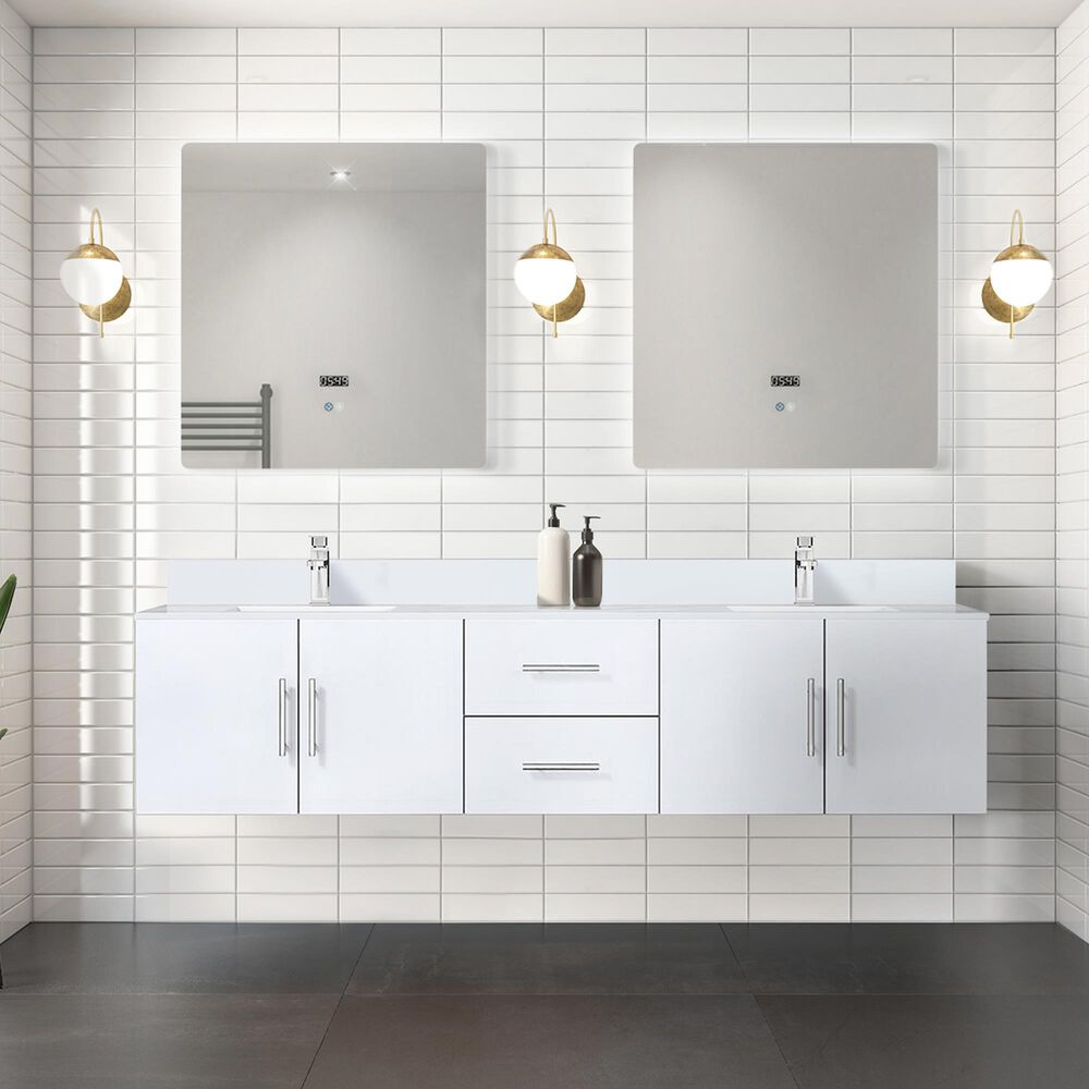Lexora Home Geneva 80&quot; Double Bathroom Vanity in Glossy White with 2 cm White Cultured Marble Top and Rectangular Sinks, , large