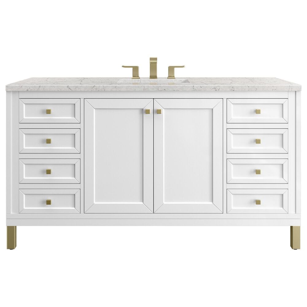 James Martin Vanities Chicago 60" Single Bathroom Vanity in Glossy White with 3 cm Eternal Jasmine Pearl Quartz Top, Rectangular Sink and FreePower Wireless Charger, , large