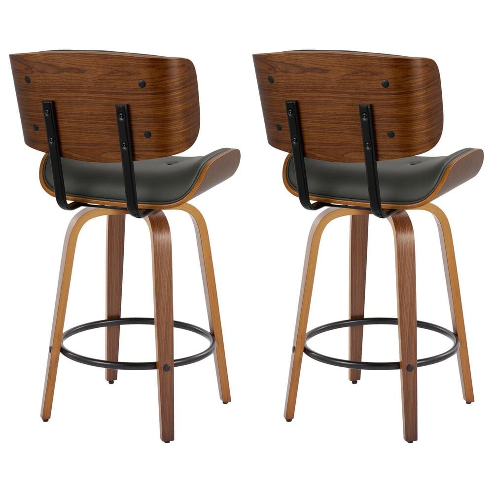LumiSource Lombardi 26" Swivel Counter Stool with Grey Faux Leather Upholstery in Walnut and Black (Set of 2), , large