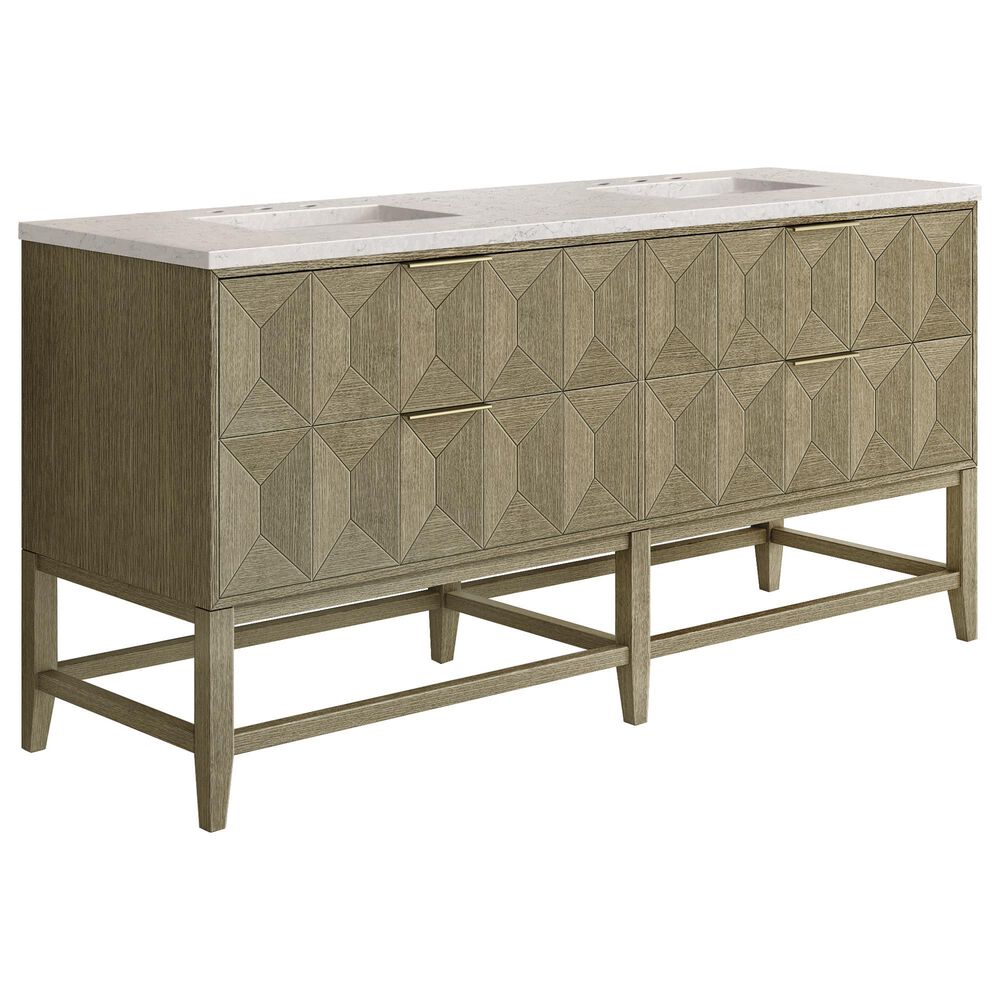 James Martin Vanities Emmeline 72" Double Bathroom Vanity in Pebble Oak with 3 cm Eternal Jasmine Pearl Quartz Top and Rectangular Sinks, , large