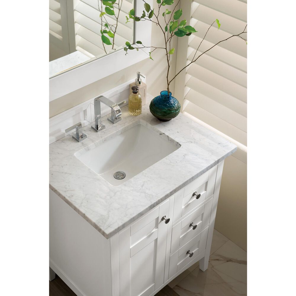 James Martin Vanities Palisades 30&quot; Single Bathroom Vanity in Bright White with 3 cm Carrara White Marble Top and Rectangular Sink, , large