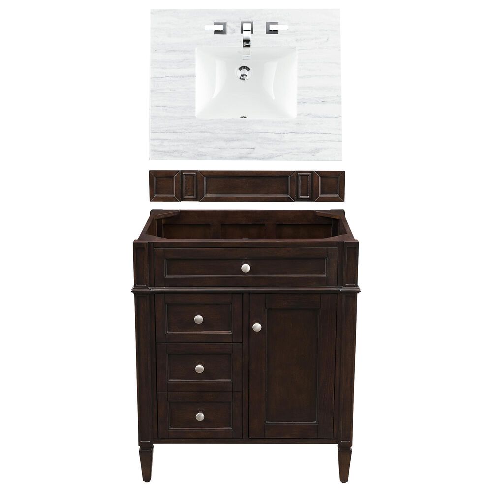 James Martin Vanities Brittany 30" Single Bathroom Vanity in Burnished Mahogany with 3 cm Arctic Fall Solid Surface Top and Rectangle Sink, , large