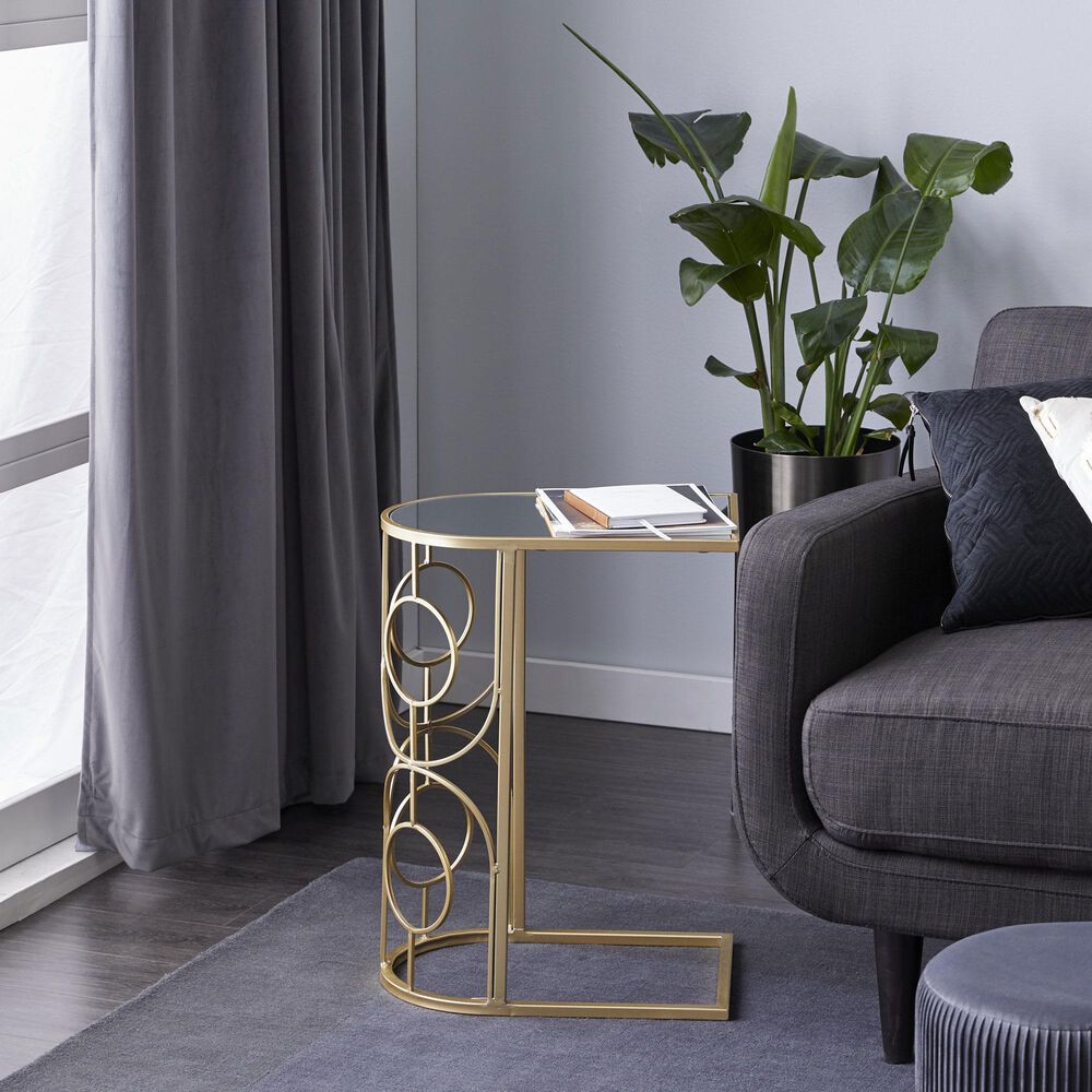 Maple and Jade Geometric End Table with Mirrored Glass Top in Gold, , large