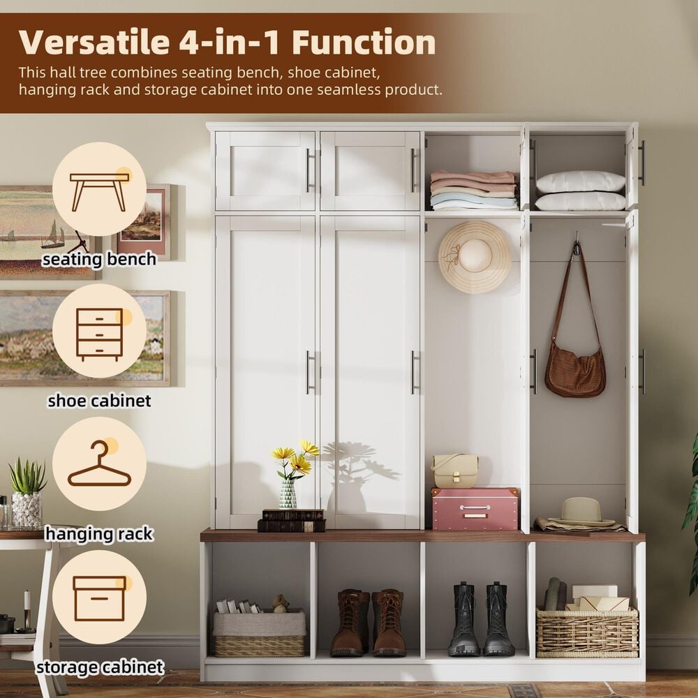 HOMLUX 4-Hook Hall Tree with 8-Door in White and Walnut, , large