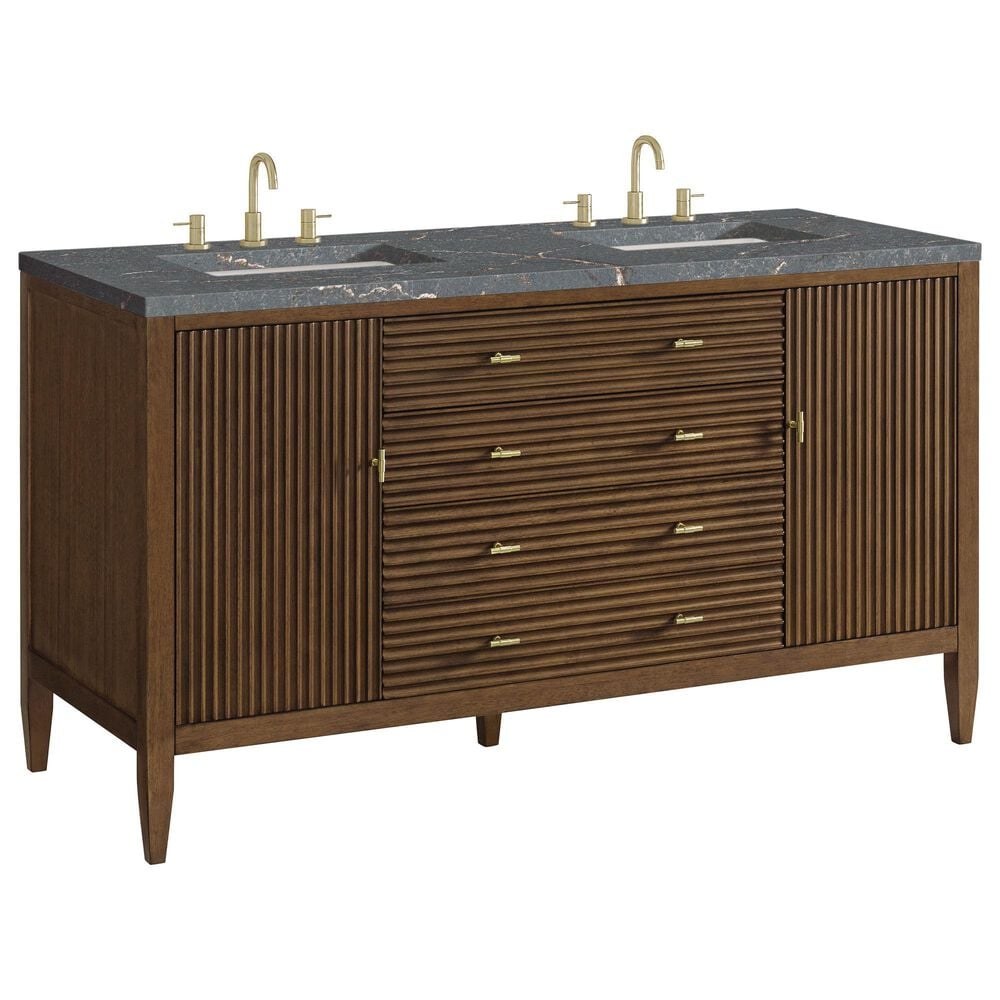 James Martin Vanities Myrrin 60" Double Vanity in Mid Century Walnut with 3 cm Parisien Bleu Quartz Top, , large