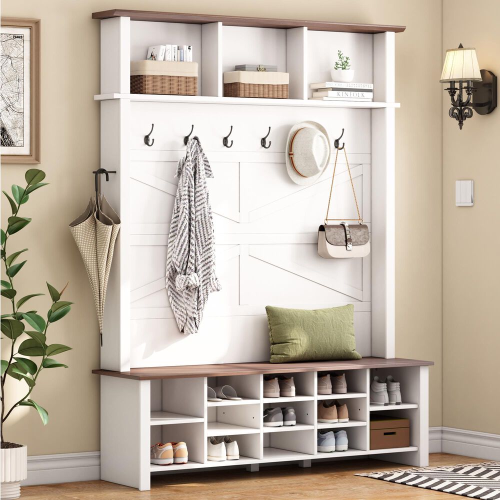 HOMLUX 6-Hook Hall Tree with 16-Compartment in White and Walnut, , large