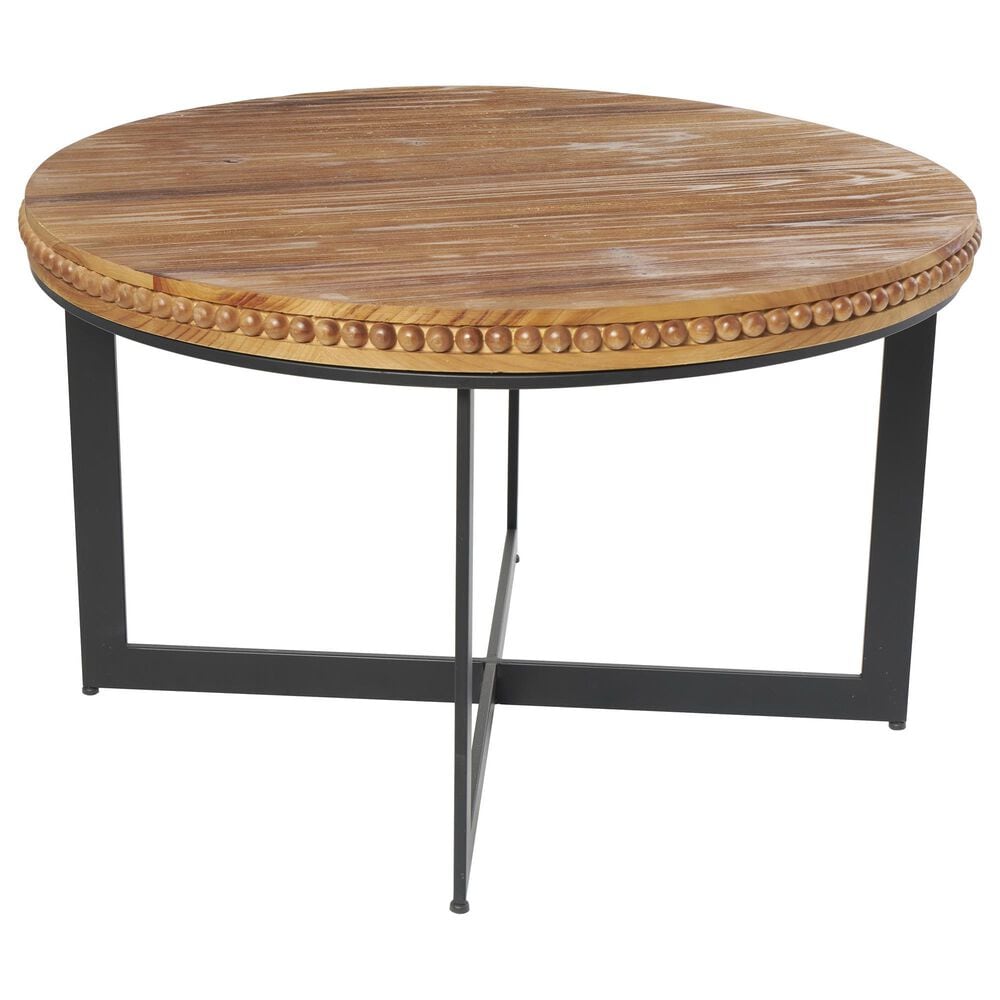 Maple and Jade Beaded Coffee Table with Metal X-Shaped Base in Washed Brown and Black, , large