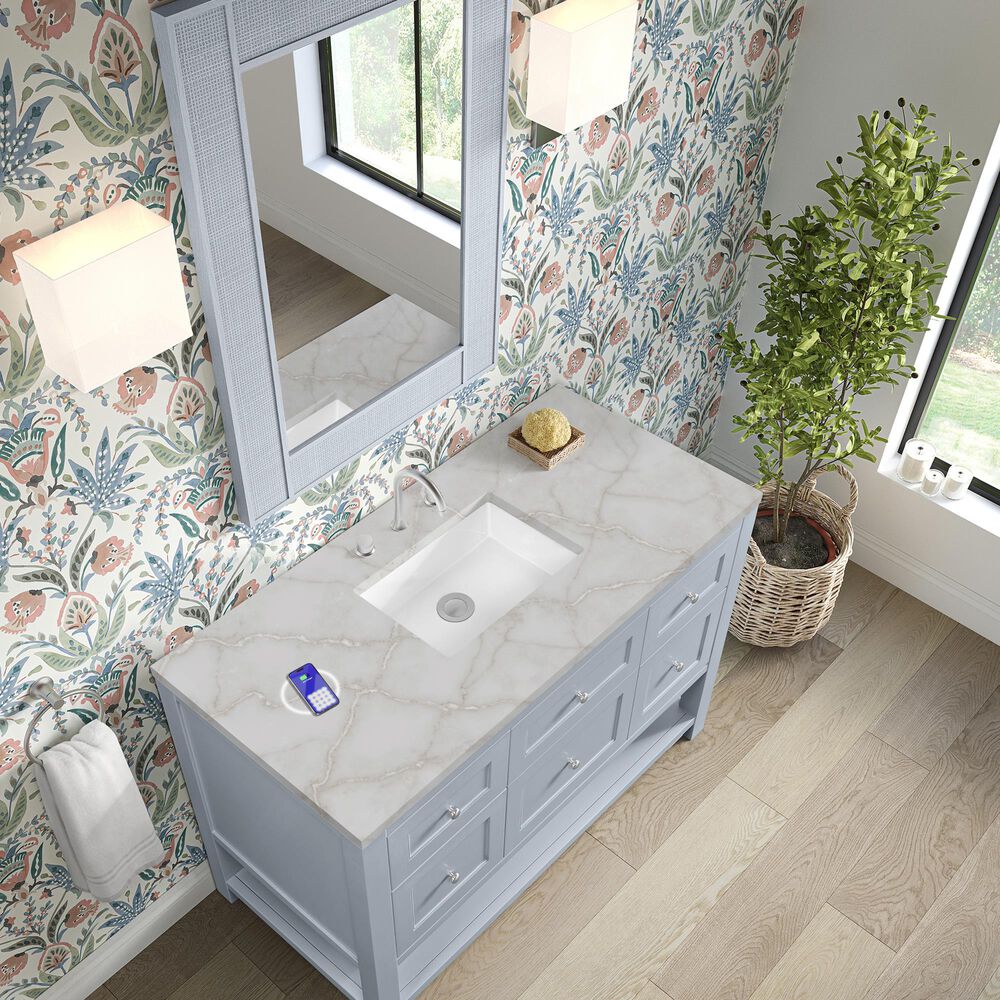 James Martin Vanities Breckenridge 48" Single Bathroom Vanity in Serenity Blue with 3 cm Eternal Jasmine Pearl Silestone Top, Rectangular Sink and FreePower Wireless Charger, , large