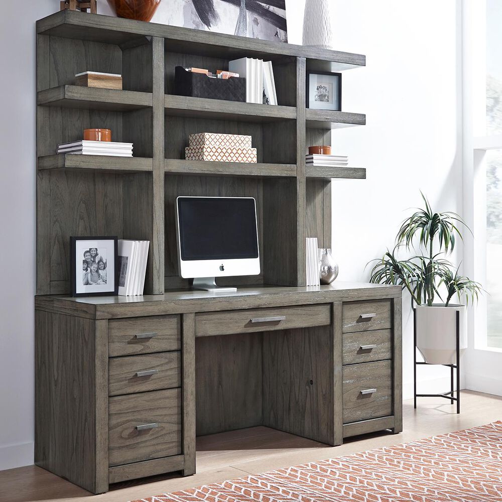 Riva Ridge Modern Loft Credenza Desk and Hutch in Greystone, , large