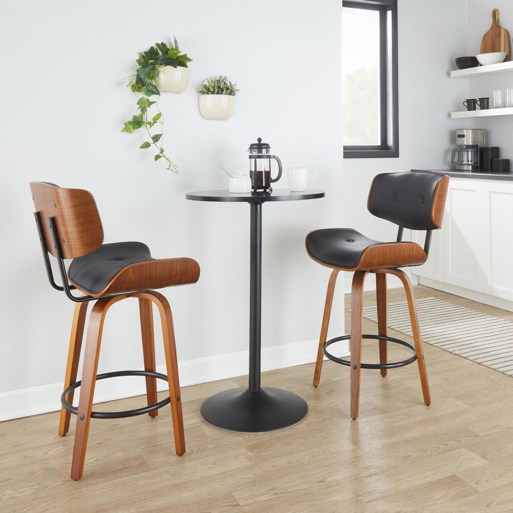 LumiSource Lombardi 26" Swivel Counter Stool with Black Faux Leather Upholstery in Walnut and Black (Set of 2), , large