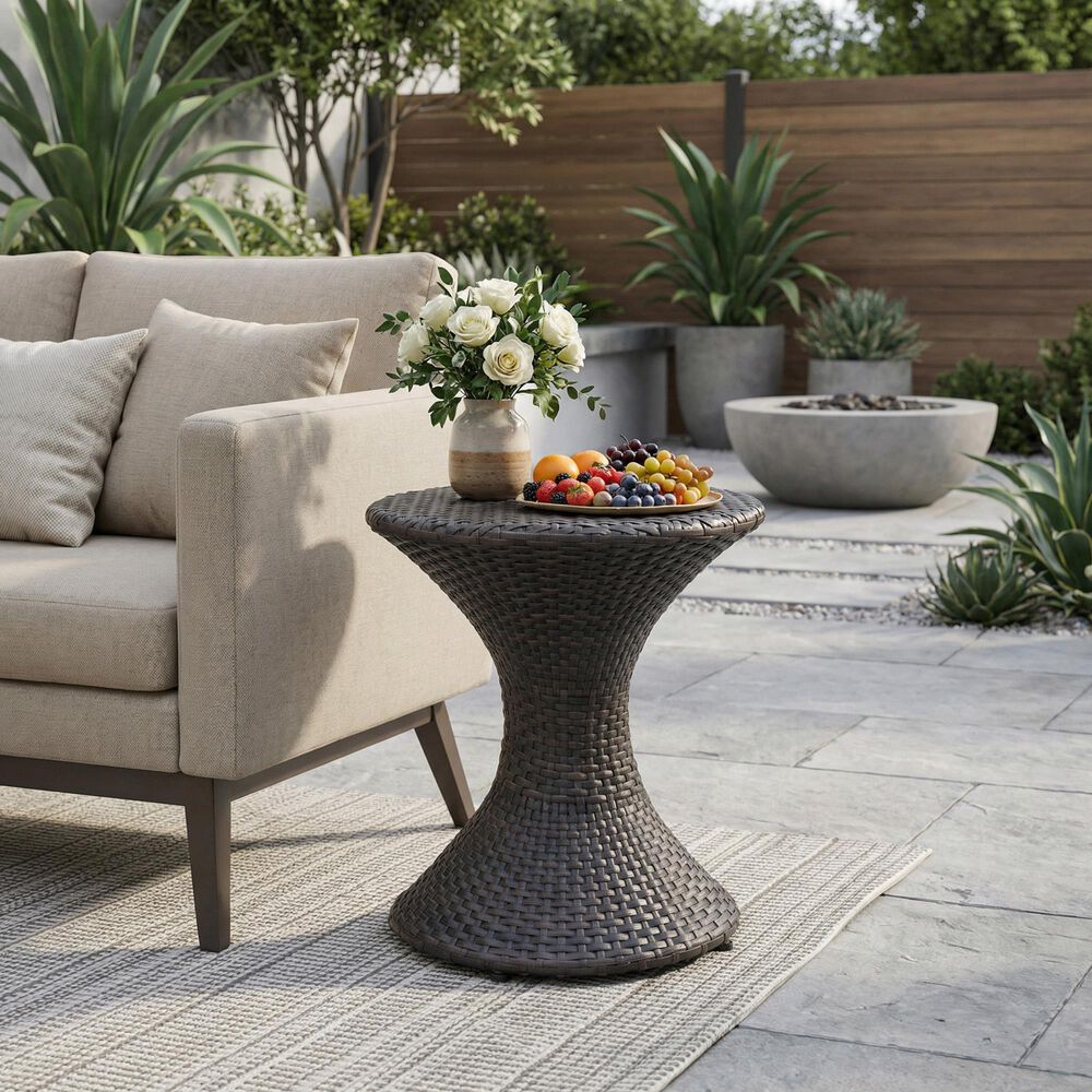 Hearth and Haven Outdoor Sleek Hourglass Wicker Side Table with Iron Frame in Brown Multi, , large