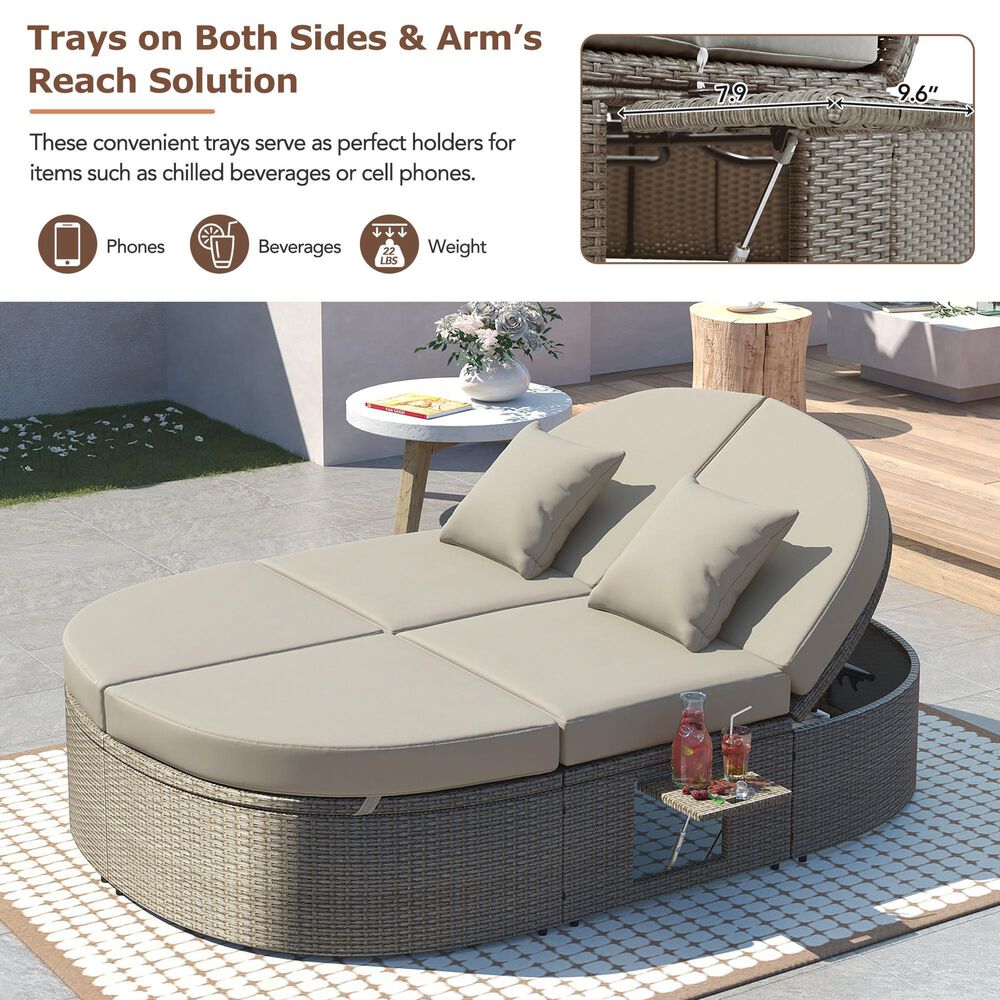 HOMLUX 2-Person Outdoor Daybed with Adjustable Backrests and Foldable Cup Trays in Gray, , large