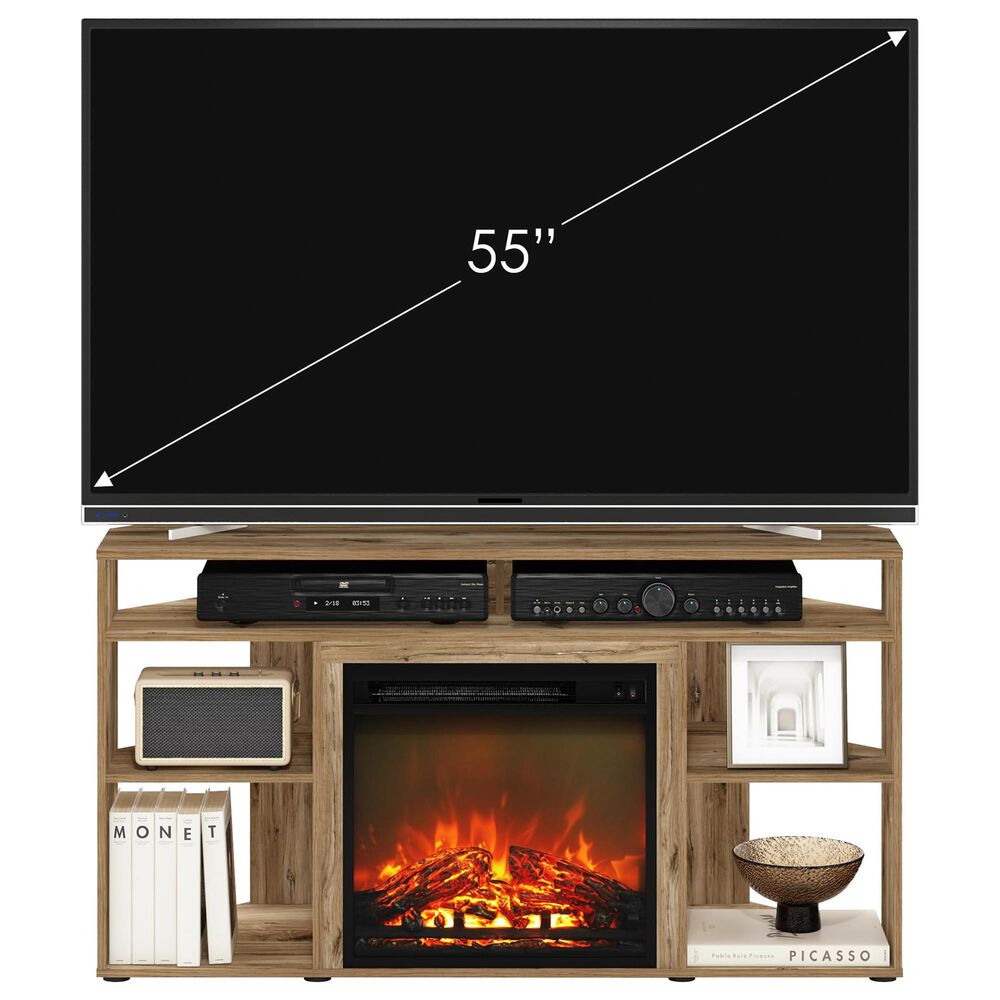 HOMLUX 47" Corner TV Stand with Electric Fireplace in Flagstaff Oak, , large