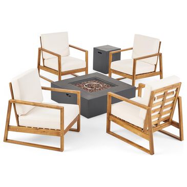 Noble House Belgian 6-Piece Patio Firepit Chat Set in Beige, , large