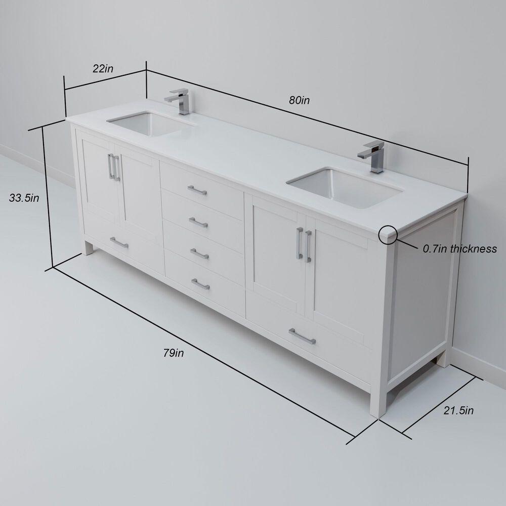 Lexora Home Jacques 80" Double Bathroom Vanity in White with 2 cm White Quartz Top and Rectangular Sinks, , large