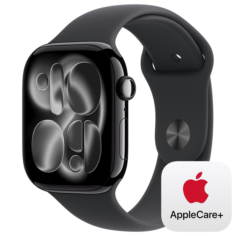 Apple Watch Series 11 (GPS+Cellular) 46mm Aluminum Case with Black Sport Band - S/M in Jet Black and 2-Year AppleCare+, , large