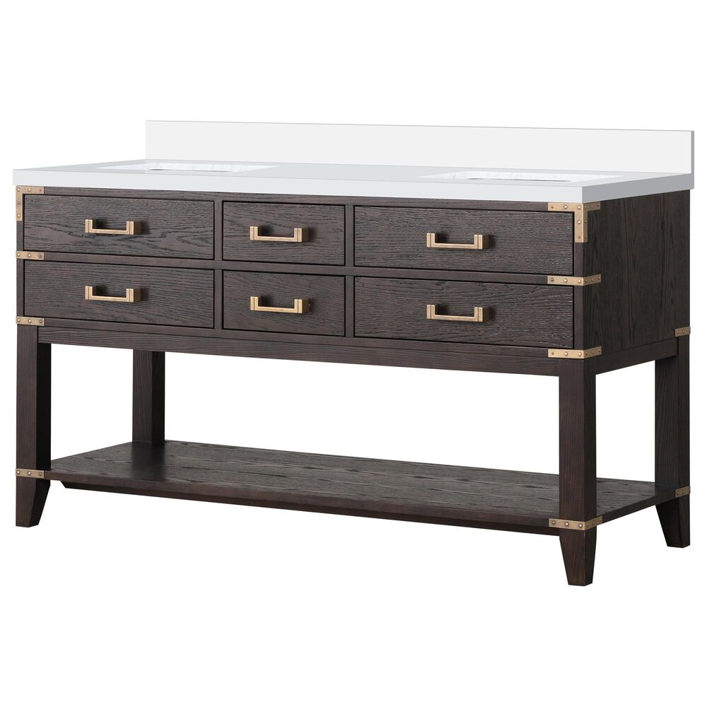 Lexora Home Norwalk 60" Double Bathroom Vanity in Brown Oak with White Cultured Marble Top  and Rectangle Sink, , large