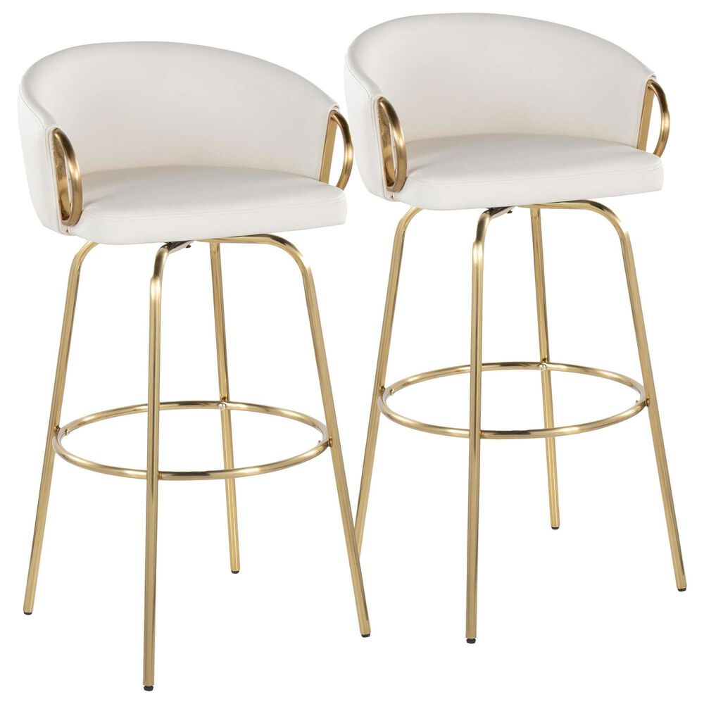 LumiSource Claire Swivel Barstool with White Faux Leather Upholstery in Gold (Set of 2), , large