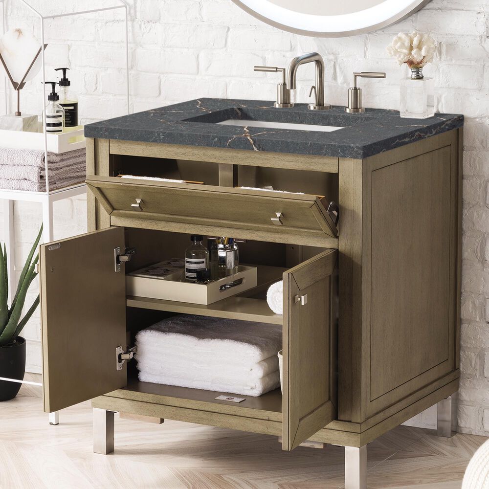 James Martin Vanities Chicago 30&quot; Single Bathroom Vanity in Whitewashed Walnut with 3 cm Parisien Bleu Quartz Top and Rectangular Sink, , large