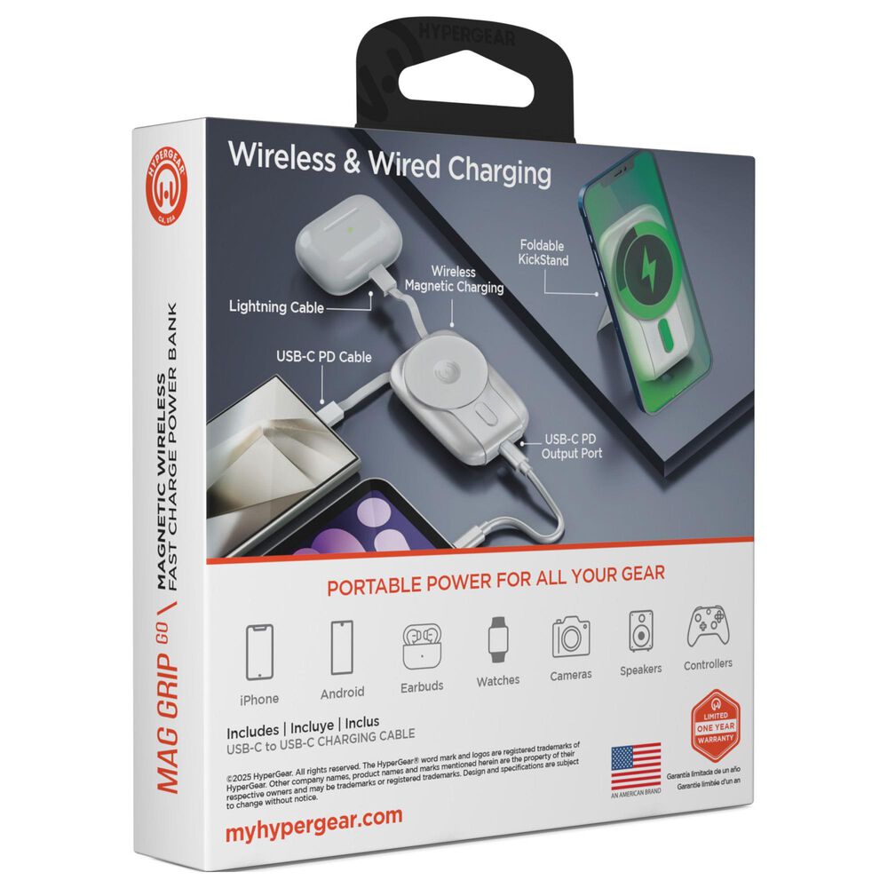 Hypercel Mag Grip Go 5000mAh Magnetic Wireless Fast Charge Power Bank in White, , large