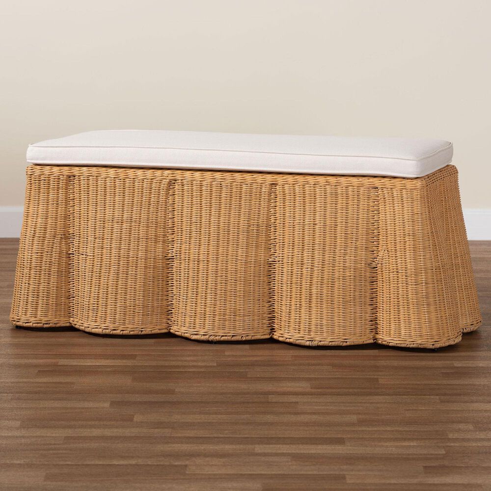 bali &amp; pari Palm Rectangle Ottoman with Light Honey Rattan in White, , large