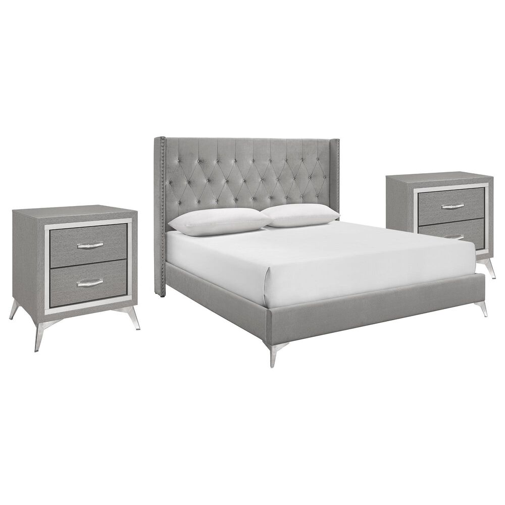 New Heritage Design Huxley King Upholstered Bed and Two Nightstands in Gray, , large